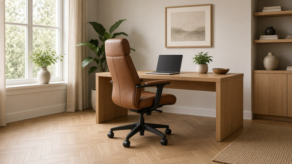 Ergonomischer Bürostuhl mit Lederbezug an einem Holzschreibtisch im hellen Homeoffice