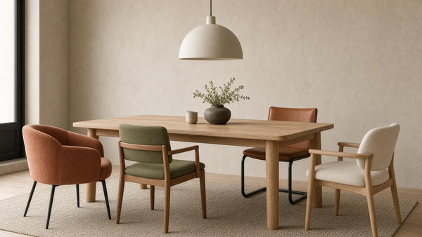 Esstisch aus Holz mit unterschiedlichen Design-Stühlen in Samt, Leder und mit Freischwinger-Gestell
