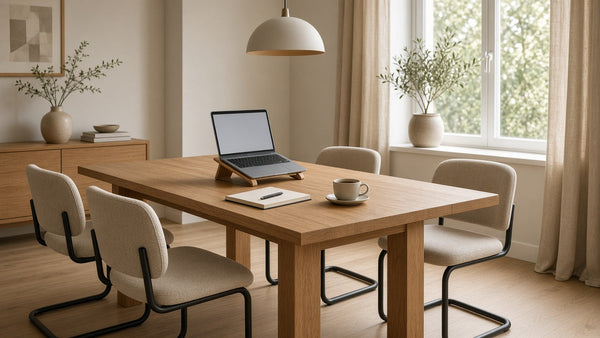 Gepolsterte Freischwinger-Esszimmerstühle an einem Eichenholz-Esstisch mit Laptop in einer hellen Wohnung